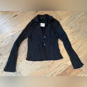 Zara Black Crinkle Button-Up Top
